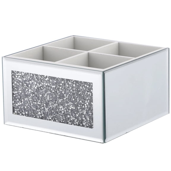 360 Rotating Makeup Brush Holder, Glass Cosmetic Storage Box with Sparkling Diamond Design, 4-Slot Organizer for Brushes, Pens, Remotes, 5.9x5.9x3.4", Vanity Desk Caddy