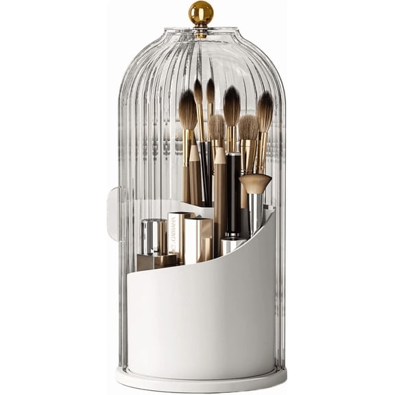White Makeup Brush Holder with Lid, 360° Rotating Dustproof Waterproof Transparent Cosmetic Organizer for Vanity Bathroom