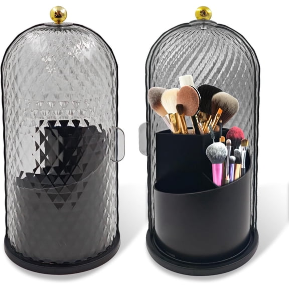 360 Rotating Makeup Brush Holder Organizer With Lid - Multifunctional Toothbrush Holder With Cover For Bathroom Countertop - Dustproof Storage For Make Up Brushes Toothbrush Toothpaste (Black)