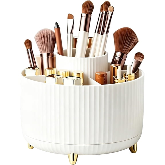 360Rotating Makeup Brush Holder Organizer, White Countertop Cosmetic Display Case, Spinning Skincare Storage Carousel for Vanity, Desktop & Bathroom