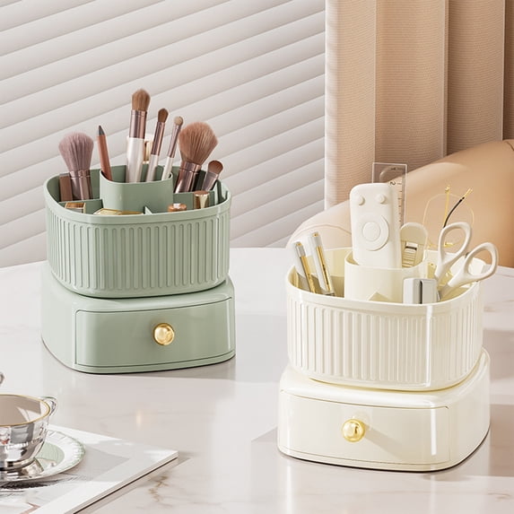 360° Rotating Makeup Brush Organizer for Vanity, Large Capacity Plastic Cosmetic Storage with 6 Compartments, Desktop & Bathroom Countertop Holder, White/Green, 7.08x6.69in