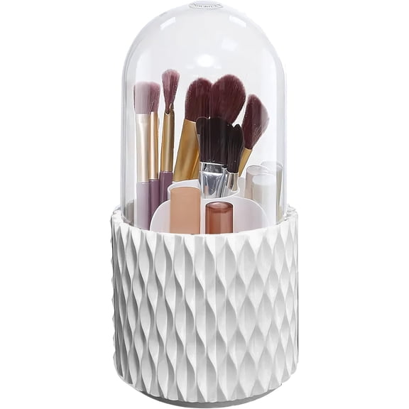 Makeup Brush Holder, 360 Rotating Makeup Brush Organizer with 5 Slots, Clear Dustproof Makeup Brush Holder with Lid, Make Up Organizers for Vanity Bathroom Countertop