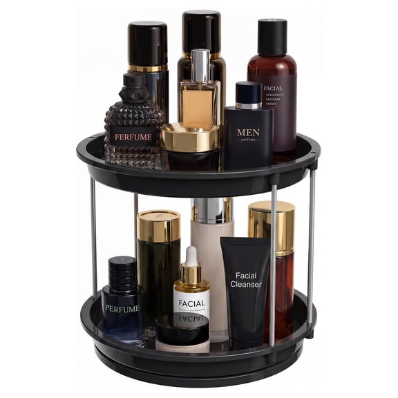 360 Rotating Makeup Organizer 2 Tier Lazy Susan for Vanity Bathroom Counter Dresser Shelf Black Spinning Perfume Skincare Holder Cabinet Corner Storage Box for Toiletries Essentials