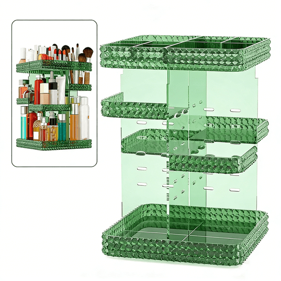 360 Rotating Makeup Organizer, Acrylic DIY Adjustable Carousel Spinning Holder Rack, Large Capacity Cosmetics Storage Box Vanity Countertop, Skin-care Organizers (Green)