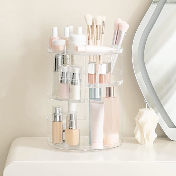 360 Rotating Makeup Organizer Adjustable Carousel Large Capacity Revolving Perfume Organizer Skincare Organizers Cosmetic Storage Spinning Holder for Vanity, Clear