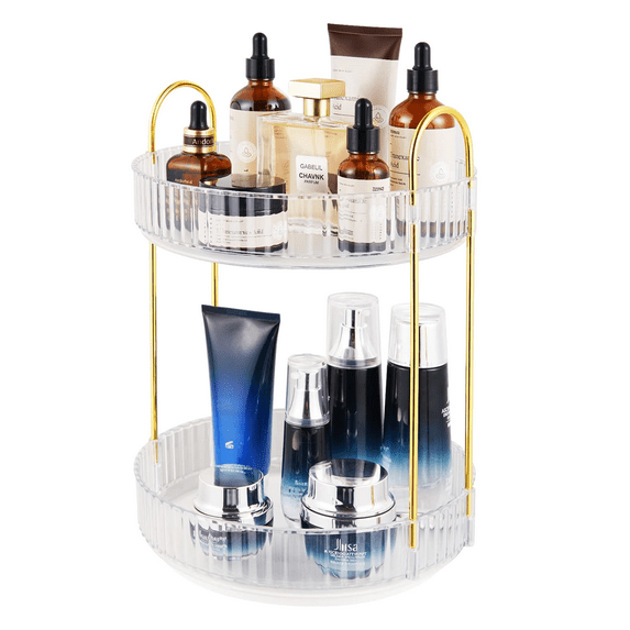 360° Rotating Makeup Organizer, Bathroom Make Up Spinning Holder Rack, Large Capacity Cosmetics Storage Vanity Shelf Countertop-transparent