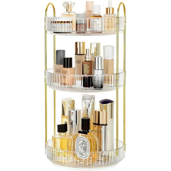 360° Rotating Makeup Organizer, Bathroom Makeup Holder, 3 Tiers Large Capacity Storage Shelf, Clear