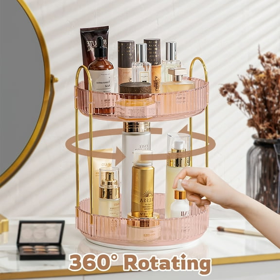 E-Greetshopping 360° Silent-Spin Makeup Organizer, 2-Tier Clear Design Rotating Makeup Organizer, Holds 50+ Items, Luxury Vanity Storage, Space-Saving Countertop Organizer (Pink)