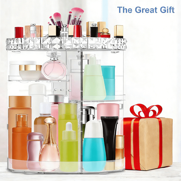 360 Rotating Makeup Organizer, DIY Adjustable Carousel Spinning Holder Rack, Large Capacity Cosmetic Brush Lipstick Storage Box for Vanity