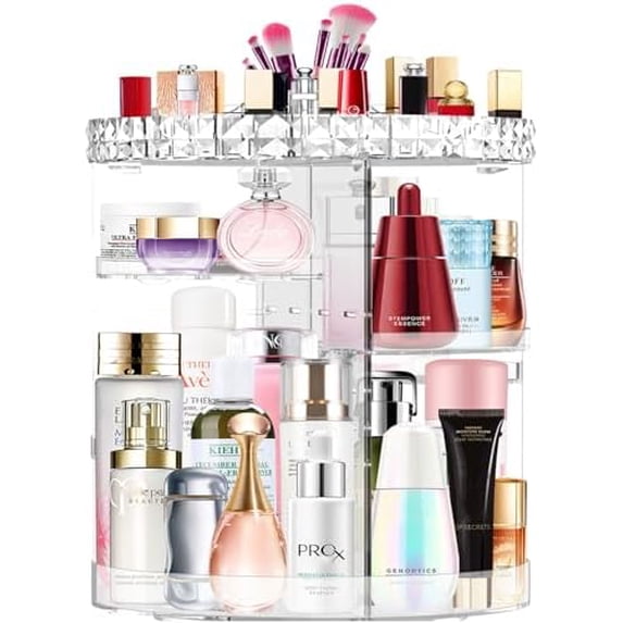 360 Rotating Makeup Organizer, DIY Adjustable Makeup Carousel Spinning Holder Rack, Large Capacity Brush Lipstick Storage Organizer Box for Vanity