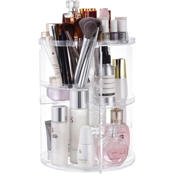 360 Rotating Makeup Organizer,DIY Adjustable Spinning Holder,Foldable Storage Display box,Large Capacity Make up Shelf,Fits Countertop and Bathroom (CLEAR)