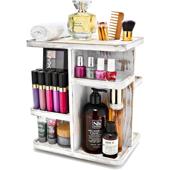 360 Rotating Makeup Organizer Gray Rustic Wood Carousel for Cosmetics and Skincare
