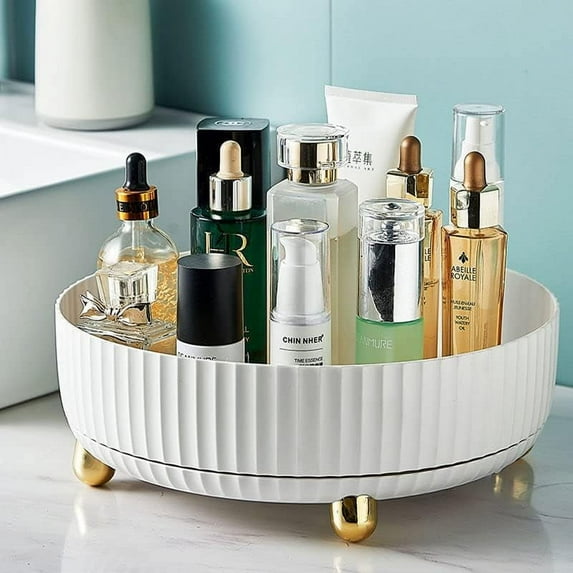 360° Rotating Makeup Organizer - Large White Cosmetic Storage with Perfume Tray for Dresser & Bathroom | Spacious Vanity Organizer for Jewelry & Skincare Essentials