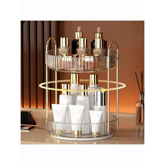 360 Rotating Makeup Organizer And Storage For Vanity Countertop 2 Tiers, High Capacity Cosmetic Skincare Perfume Organizer For Dresser Bathroom Lazy Susan Organizers(Clear Gold)