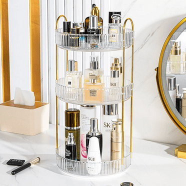 360° Rotating Makeup Organizer for Vanity, 3 Tier Large Skincare Make Up Storage Perfume Organizers for Bathroom Counter, Clear Cosmetic Dresser Organizer, Lipstick Toiletry Spinning Holder