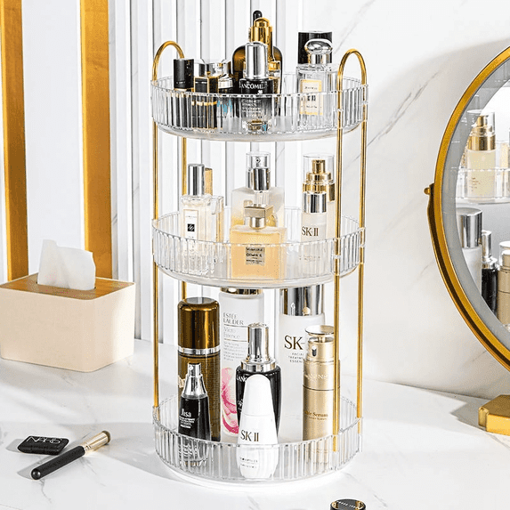 360° Rotating Makeup Organizer for Vanity, 3 Tier Large Skincare Make Up Storage Perfume Organizers for Bathroom Counter, Clear Cosmetic Dresser Organizer, Lipstick Toiletry Spinning Holder