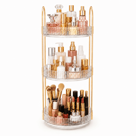 360 Rotating Makeup Organizer for Vanity, High-Capacity Skincare Clear Make Up Storage Perfume Organizers Cosmetic Dresser Organizer Countertop (Clear, 3 Tier)