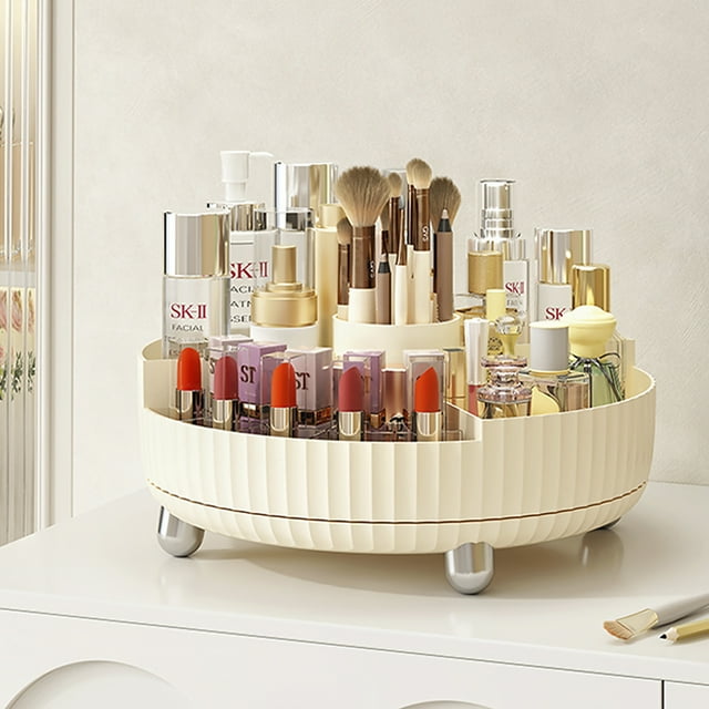 360° Rotating Makeup Organizer with Brush Holder, Large Capacity Beauty Organizer, 11"Dx 4.1"H