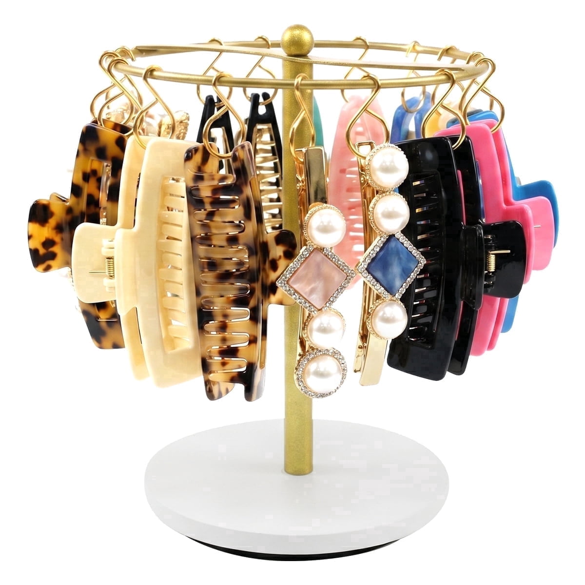 360° Rotating Metal Claw Clip Holder, 16 Hooks Wood Base Organizer for Hair Accessories and Jewelry
