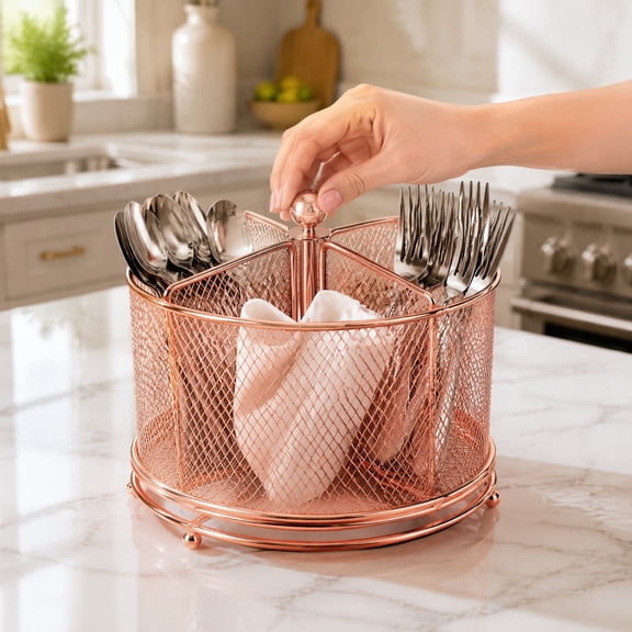 360° Rotating Metal Utensil Caddy – 4 Compartment Silverware Cutlery Holder, Rotation Fork Spoon Napkin Organizer, Flatware Storage Basket for Countertop, Buffet, Picnic, Camping, Outdoor, Rose Gold