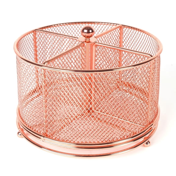 360° Rotating Metal Utensil Caddy – 4 Compartment Silverware Cutlery Holder, Rotation Fork Spoon Napkin Organizer, Flatware Storage Basket for Countertop, Buffet, Picnic, Camping, Outdoor, Rose Gold