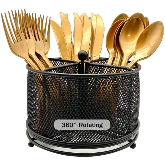 360° Rotating Metal Utensil Caddy - 4 Compartment Silverware Cutlery Holder Rotation Fork Spoon Napkin Organizer Flatware Storage Basket Party Countertop Buffet Picnic Camping Outdoor Black