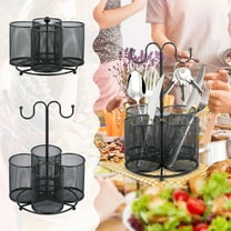 360° Rotating Metal Utensil Caddy - 4 Compartment Silverware Cutlery Holder Rotation Fork Spoon Napkin Organizer Flatware Storage Basket Party Countertop Buffet Picnic Camping Outdoor Black