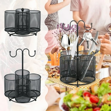 360° Rotating Metal Utensil Caddy - 4 Compartment Silverware Cutlery Holder Rotation Fork Spoon Napkin Organizer Flatware Storage Basket Party Countertop Buffet Picnic Camping Outdoor Black