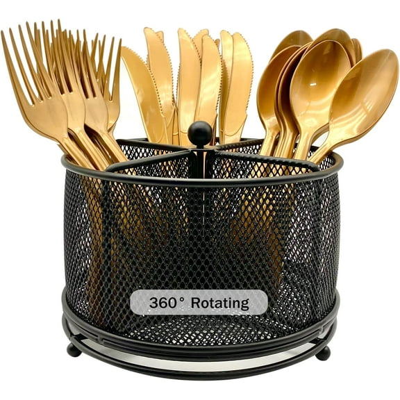 360° Rotating Metal Utensil Caddy - 4 Compartment Silverware Cutlery Holder Rotation Fork Spoon Napkin Organizer Flatware Storage Basket Party Countertop Buffet Picnic Camping Outdoor Silver