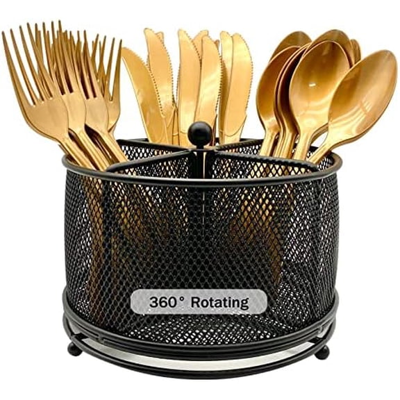 360° Rotating Metal Utensil Caddy - 4 Compartment Silverware Cutlery Holder Rotation Fork Spoon Napkin Organizer Flatware Storage Basket Party Countertop Buffet Picnic Camping Outdoor Black
