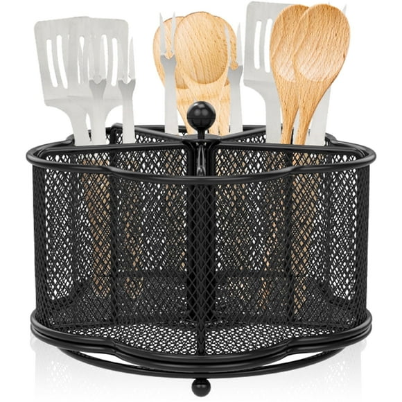 Tzdxfgl 360° Rotating Kitchen Metal Utensil Holder, 5 Compartment Countertop Silverware Organizer, Black