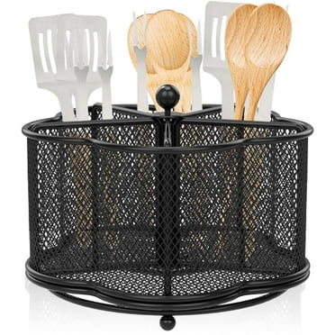 360° Rotating Metal Utensil Caddy - 5 Compartment Silverware Cutlery Holder Rotation Fork Spoon Napkin Organizer Flatware Storage Basket Party Countertop Buffet Picnic Camping Outdoor Black