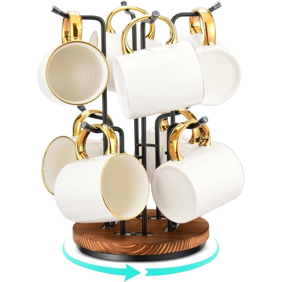 360 Rotating Mug Tree for Large Cups, Counter Coffee Mug Holder with 8 Hooks, Metal Coffee Cup Rack Stand for Countertop with Stable Wooden Base, Kitchen Counter Decor