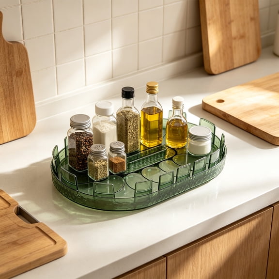 360 Rotating Oval Turntable Organizer with Adjustable Dividers for Fridge Condiment Bottles Kitchen Counter Spice Jars