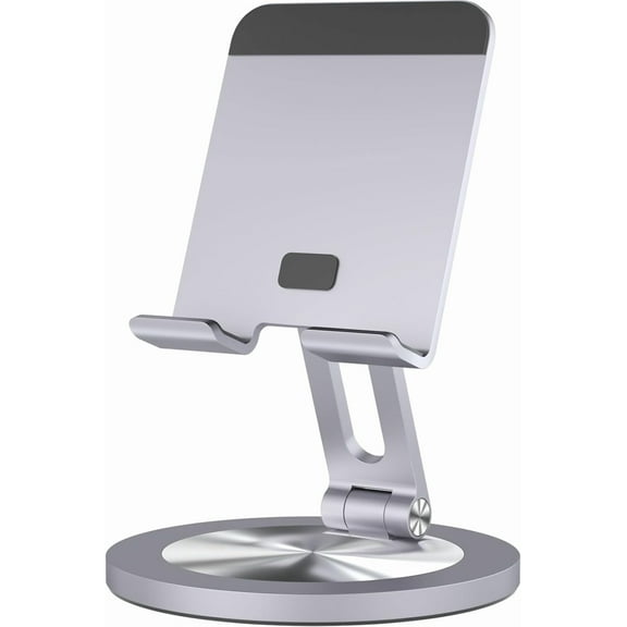360 Rotating Phone Stand for Desk, Dual-Adjustable Foldable Aluminum Desktop Phone Holder Compatible with iPhone 16 15 14 13 12 11 Series, iPad-Mini, 4-8" All Phones (Silver)