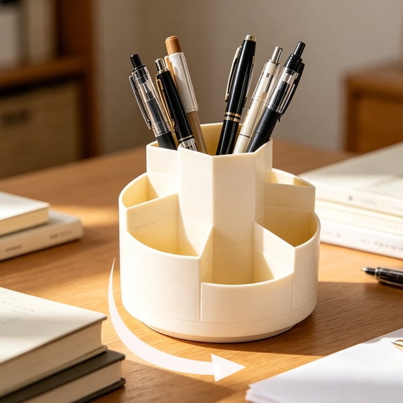 360° Rotating Plastic Pen Organizer | Beige Desktop Stationery Holder | Multi-Compartment Pencil Case & Note Tray | Makeup Brush Storage Box, 4.92x4.92x4.72in