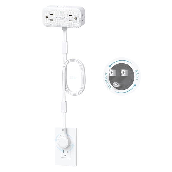 360 Rotating Plug Outlet Extender 36 in - Flexible Extension Cord, Multi Wall Splitter Sur Protector, 4 AC USB, Mountable for Hard Reach Socket Bedroom Home Office, White