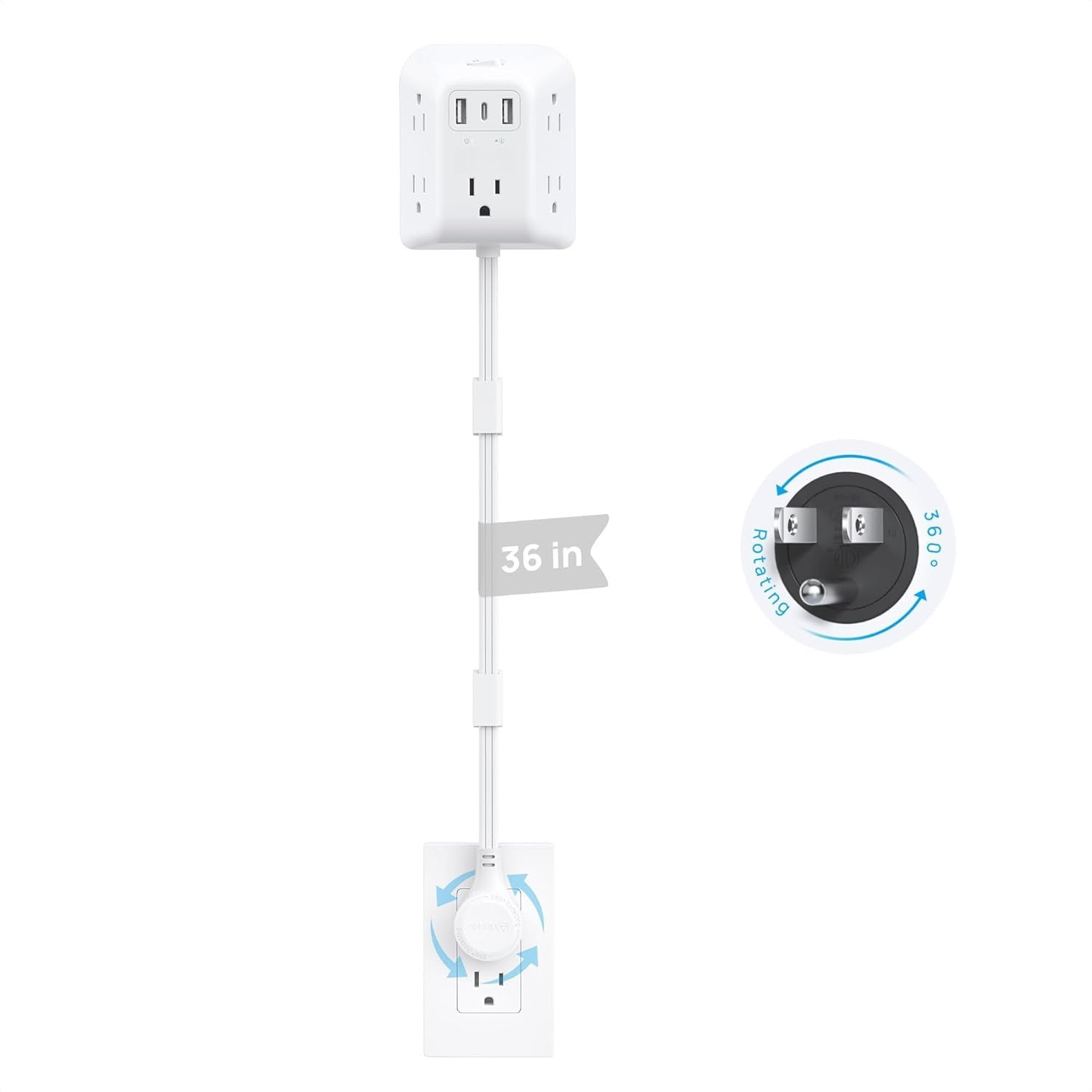 360? Rotating Plug Outlet Extender - 36IN Extension Cord, Multi Plug ...