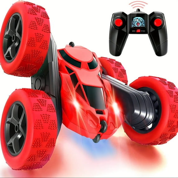 360 ° Rotating RC Stunt Car with Headlights - 2.4 GHz Dual-Sided Remote Control Crawler, Rechargeable Battery, Durable Plastic Design, Flashing Lights, Multiple Colors for Youngsters Ages 6-12