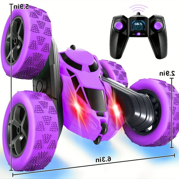 360 ° Rotating RC Stunt Car with Headlights - 2.4 GHz Dual-Sided Remote Control Crawler, Rechargeable Battery, Durable Plastic Design, Flashing Lights, Multiple Colors for Youngsters Ages 6-12