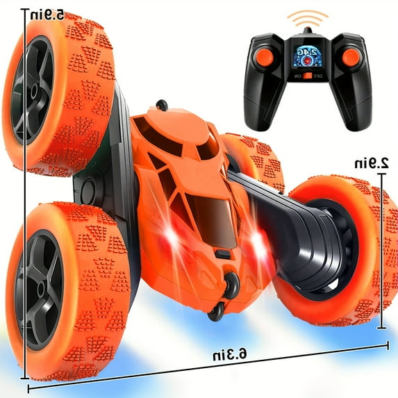 360 ° Rotating RC Stunt Car with Headlights - 2.4 GHz Dual-Sided Remote Control Crawler, Rechargeable Battery, Durable Plastic Design, Flashing Lights, Multiple Colors for Youngsters Ages 6-12