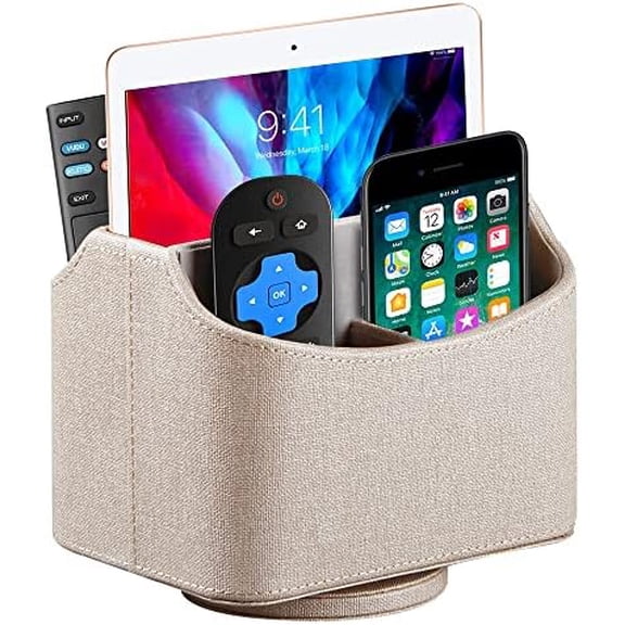360° Rotating Remote Control Holder, PU Leather TV Remote Caddy Organizer Basket Storage Box with 5 Compartments for Pen, Pencil, Art Supplies, Makeup Brush, Office Desk Table Accessories Beige