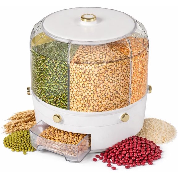 360?Rotating Rice Dispenser, Grain Distributor, 6 Compartment Sealed Storage Container with -Button Dispensing, Round Container for Storing Coffee, Snacks, Grains, Beans, Rice (White)
