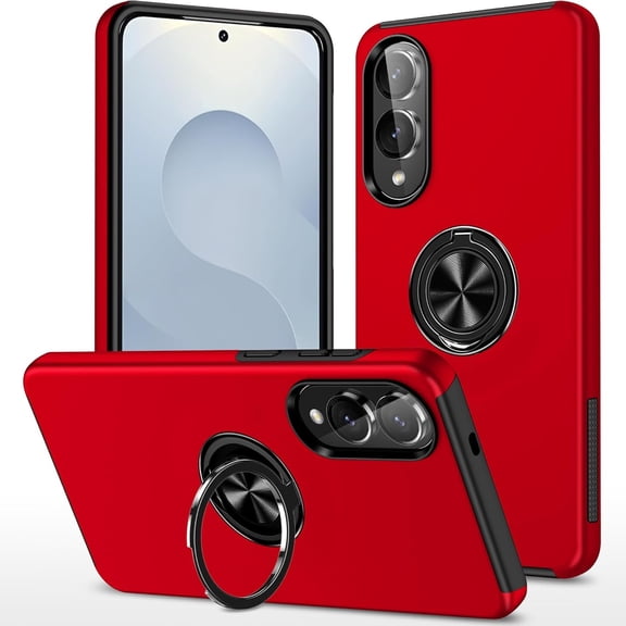 360 Rotating Ring Grip Hybrid Case for Samsung Galaxy S25 Edge - Red