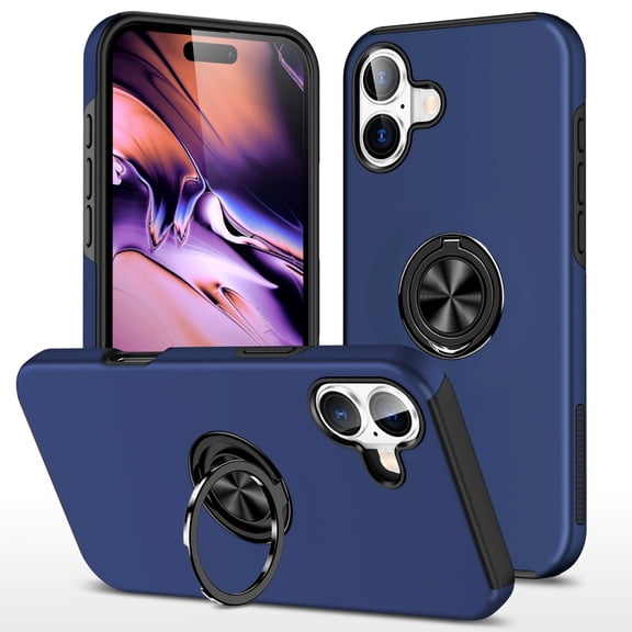 360 Rotating Ring Grip Hybrid Case for iPhone 16 - Blue
