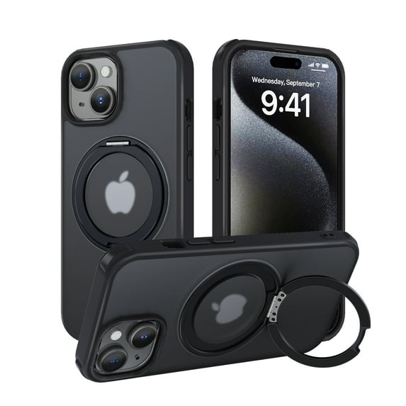 360° Rotating Ring Kickstand Phone Case for iPhone 15, Compatible with Magsafe Ring Stand Military Grade Protection Shockproof Translucent/Clear Back Cover for iPhone 15, Black