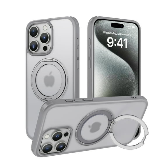 360° Rotating Ring Kickstand Phone Case for iPhone 15 Pro Max, Compatible with Magsafe Ring Stand Military Grade Protection Shockproof Translucent/Clear Back Cover for iPhone 15 Pro Max, Gray