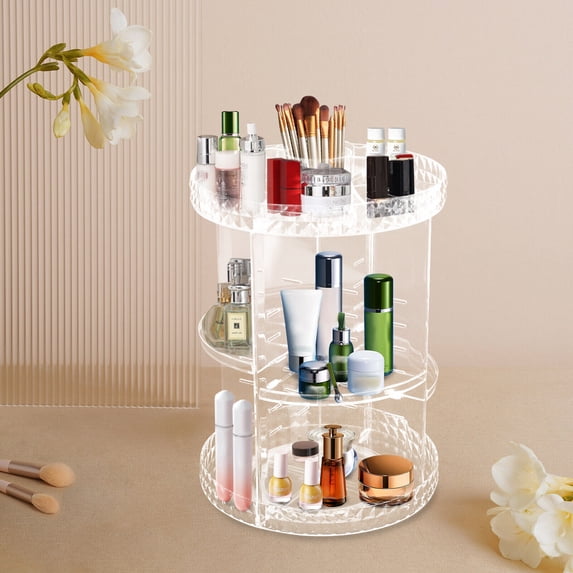 360° Rotating Round Makeup Organizer, Clear Cosmetic Storage Shelf, Adjustable Shelf Rotatable Cosmetic Organizer New