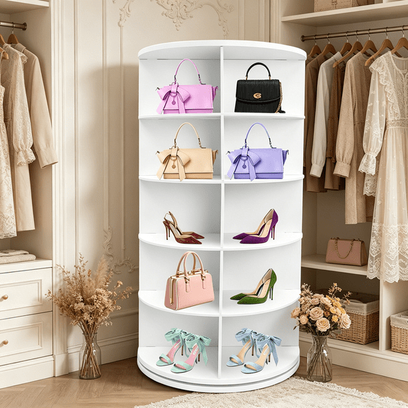 360 Rotating Round Shoe Rack, PVC Multi-Layered Shoe Organizer Shoe Storage Cabinet Freestanding Shoes Tower Racks Swivel Bookcase Rotating Storage Rack for Entrance, Cloakroom, White, 5-Tier