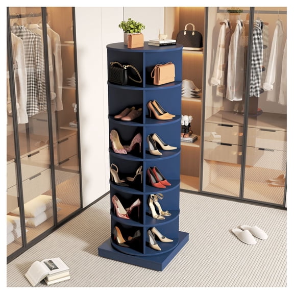 360 Rotating Shoe Cabinet - 24 Pair Shoe Organizer - Space Saving Shoe Rack - Blue 6-Tier Rotating Shoe Tower - Entryway Shoe Storage